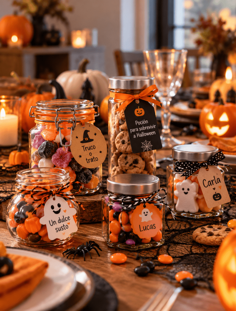 decoración de halloween con tarros de cristal