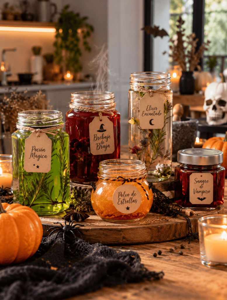 decoración de halloween con tarros de cristal