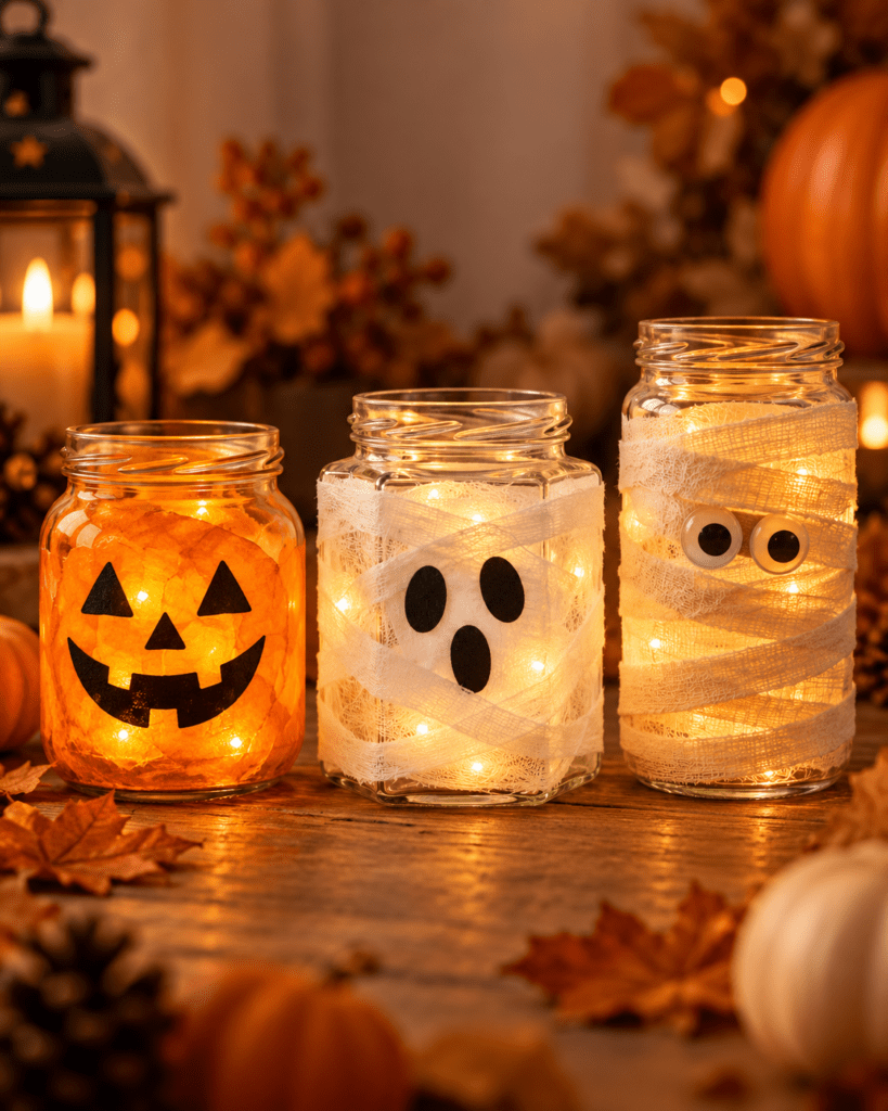 decoración de halloween con tarros de cristal